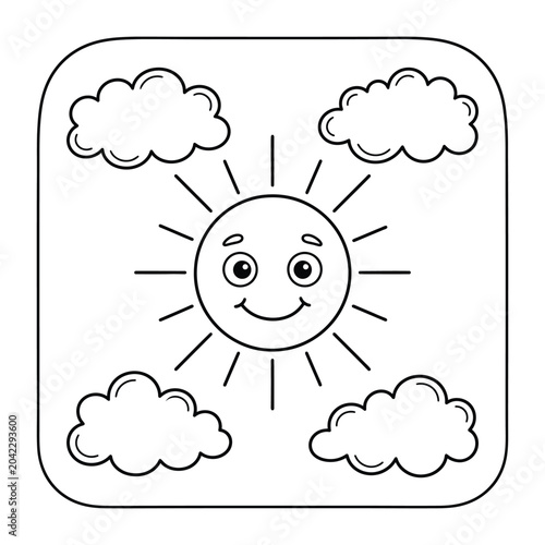 Smiling sun with clouds, cartoon black