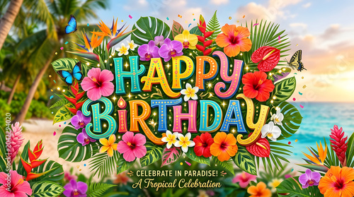 Vibrant tropical beach scene with happy birthday message and colorful floral arrangement transparent background