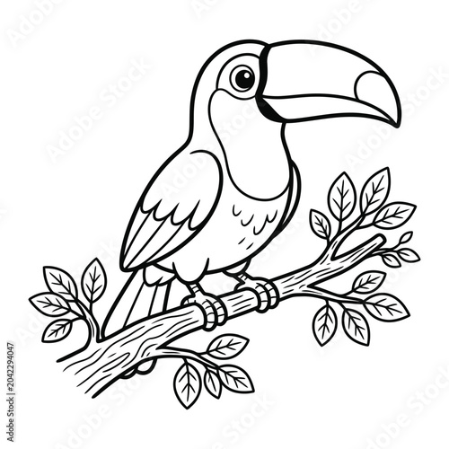 Toucan on branch, black and white bird leaves