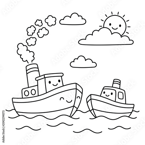 Two smiling boats on water, sunny day, cartoon style