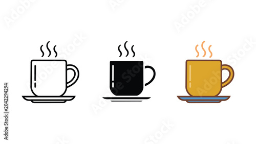 Coffee cup hot drink icon set outline silhouette and color vector isolated on white background