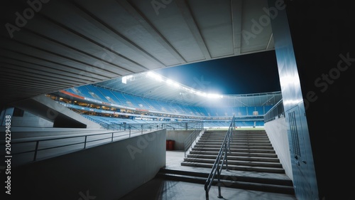 Tunnel leading to a vibrant soccer stadium with bright lights and blue seating at night.