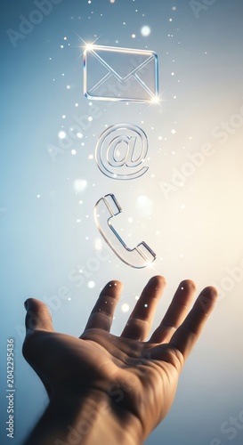 A hand presents icons for communication including email, at sign, and phone.