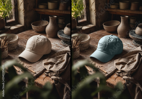 Baseball Hat on Creative Pottery Studio Bench Mockup