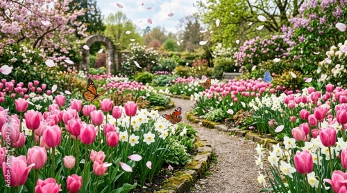 A vibrant garden scene showcases a winding path surrounded by a profusion of colorful flowers.