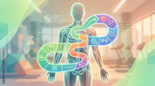 Health and fitness journey visualization gym infographic modern environment digital perspective wellness concept