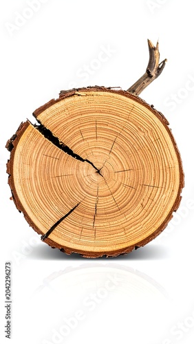 A cut tree trunk with visible rings and cracks on a white background