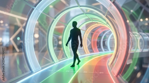 Illuminated walkway futuristic space digital art urban environment perspective view innovation concept