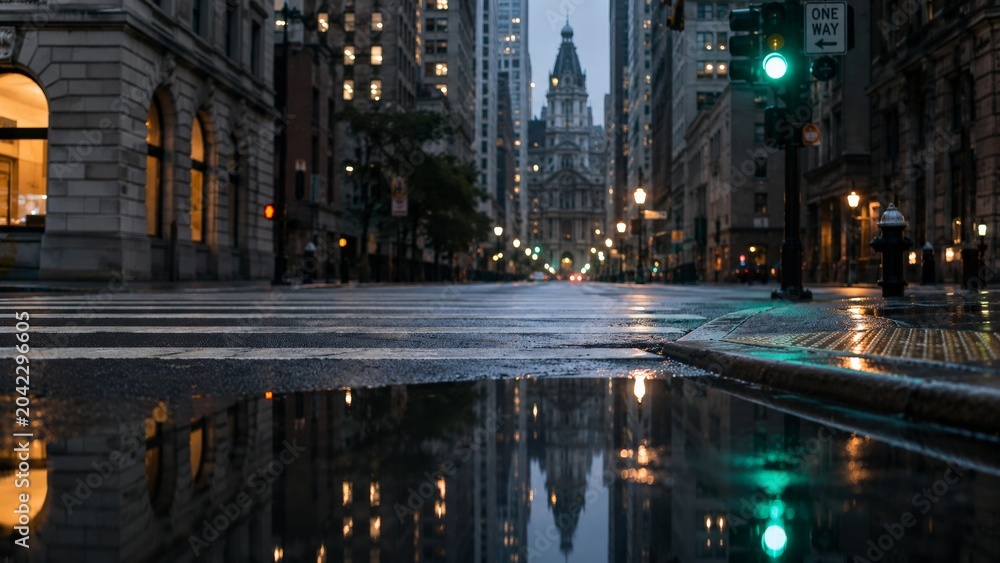 Naklejka premium Wet Historic Avenue Reflecting City Lights, Empty Street And Puddle Mirror Capture Ornate Stone Facades And Distant Cathedral Spire, Moody Twilight Sky, Traffic Signals Glowing, Asphalt