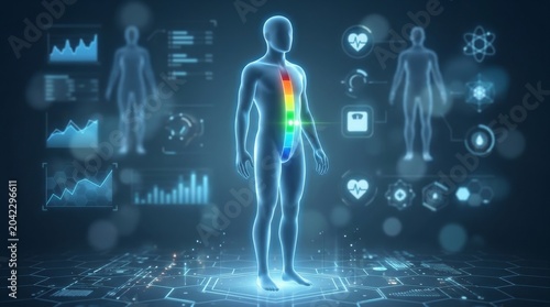 Health monitoring technology innovative human body visualization digital environment infographic style