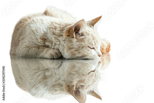 Feline Serenity: Cat Lounging Gracefully on Gleaming Mirrored Surface. White or PNG Transparent Background.