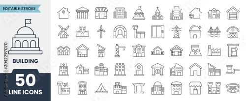 Building line icons set with editable stroke. Contains icons related to apartament, city, town house, factory, hospital, hotel and more. Vector illustration