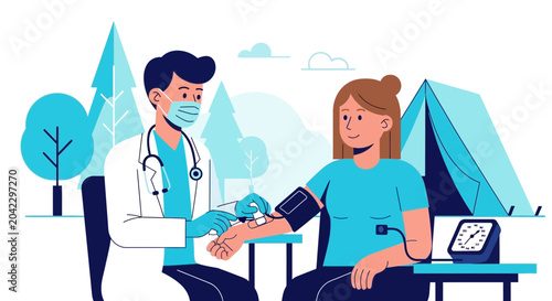 Medical Checkup Outside: Doctor Measuring Patient's Blood Pressure in Nature Setting