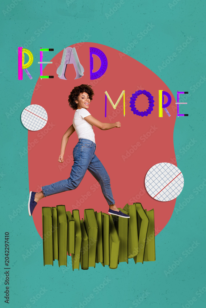 Obraz premium Pop image sketch 3d collage poster of happy girl guy stand book stack library education bookworm hobby university student learner