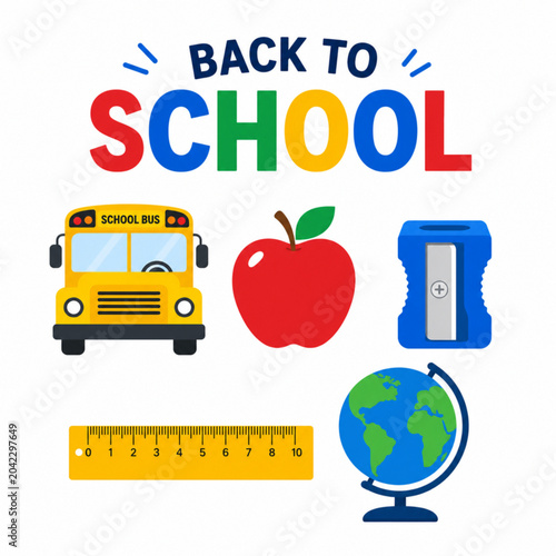 Back to School Clipart Set with Bus Apple Globe Pencil and Ruler