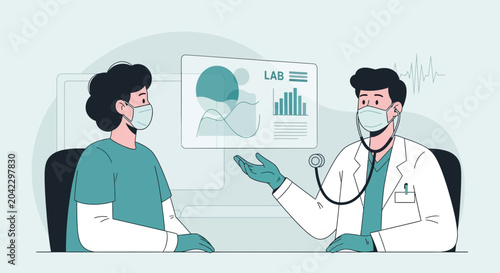 Medical Consultation Demonstrating Analysis and Data Charts Showing Health Information
