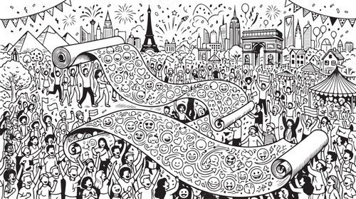Festival Flow Panorama Vector Cultural Celebration Crowd Harmony Folk Art Illustration