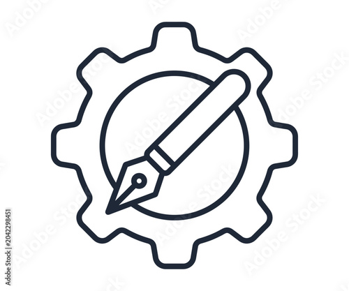 Gear icon with pen nib on white background
