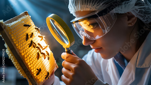 A close-up scientific photograph of a researcher examining a honeycomb with a magnifying glass