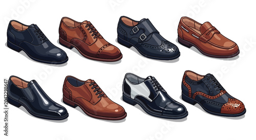 Tableau sur toile Elegant collection of mens dress shoes featuring classic leather oxfords and loafers in shades of brown and black for formal wear and business style needs