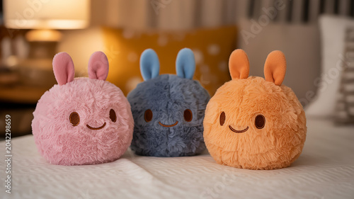A close-up photograph of three cute plush toys sitting on a white textured fabric surface