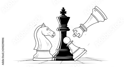 Canvas Print Chess game strategy concept: Black king, white knight, fallen pieces, strategic