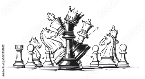 Foto Chess Game Strategy Victory Concept, King Crown Overthrown Pieces