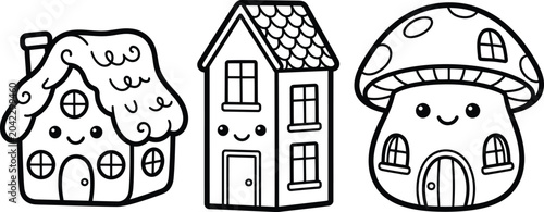 Bild auf Leinwand Cute cartoon houses with smiling faces on pure