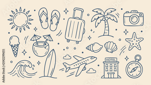Cuadro en lienzo Travel icons set line art sun flip-flops