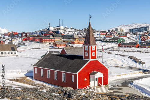 Tableau sur toile Church of Our Saviour, the Lutheran Cathedral, standing in snowy Old Nuuk with t
