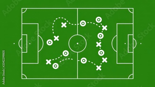 Tactical chalkboard showing soccer game strategy with formation markers on green pitch.