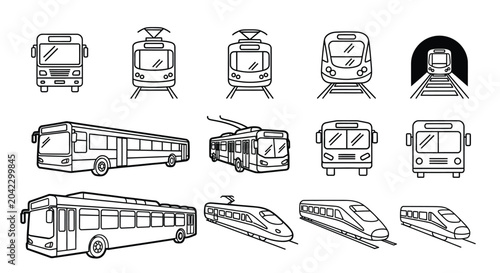 Obraz na plátně Line art collection of public transportation vehicles including buses trams trolleybuses and modern high speed trains on tracks