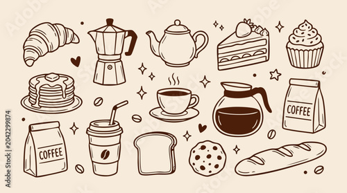 Foto Coffee and bakery items line art croissant