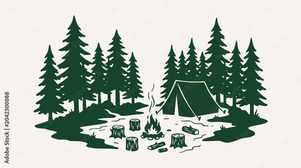 Obraz premium Campsite scene with tent and trees silhouette