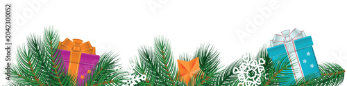 Obraz na płótnie Decorative Christmas isolated garland border featuring evergreen branches, wrapped gift boxes, snowflakes and festive ornaments