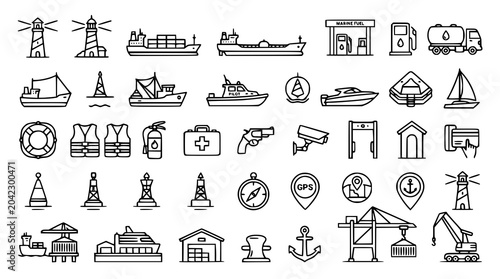 Maritime harbor icon collection with port infrastructure and marine service graphics