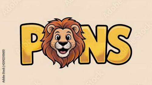 Cartoon Lion Mascot Logo Design with Bold Typography on Neutral Background