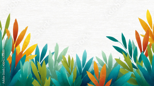 Abstract colorful leaves border on white background, hand drawn pencil sketch illustration with vibrant botanical frame
