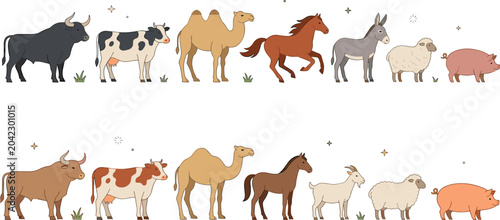 Cuadro en lienzo Farm Animal Collection Featuring Cow, Camel, Horse, Donkey, Sheep, Goat, Pig, an