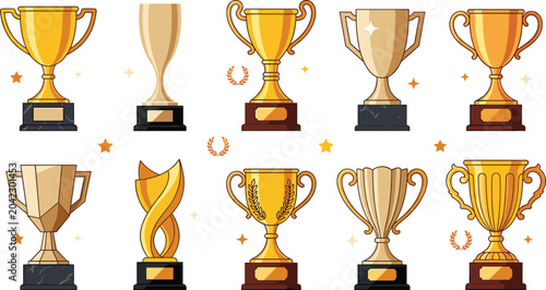 Champion Trophy Cup Collection Featuring Gold Award Prizes, Achievement Symbols, Competition Winners, and Success Recognition Vector Illustrations