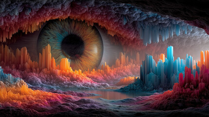 Papier peint photo Bordeaux Giant eye in colorful crystal cave landscape  © Another Galaxy