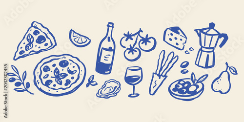Italian Food Set Sketch Doodle Vintage Vector