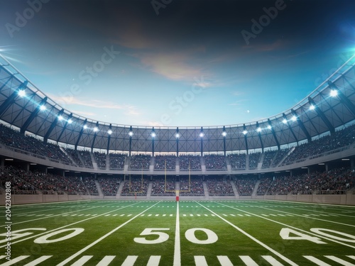 American football stadium with goalposts and grass field at sunset.