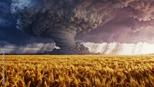 Dramatic tornado over golden wheat field at sunset