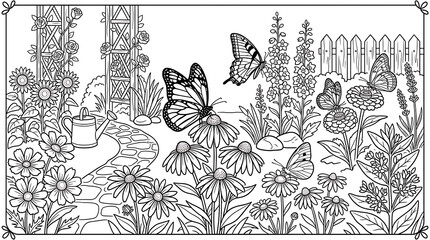Intricate coloring page illustration of a summer flower garden with butterflies and a decorative border butterflies coloring illustration watering botanical monochrome background detailed