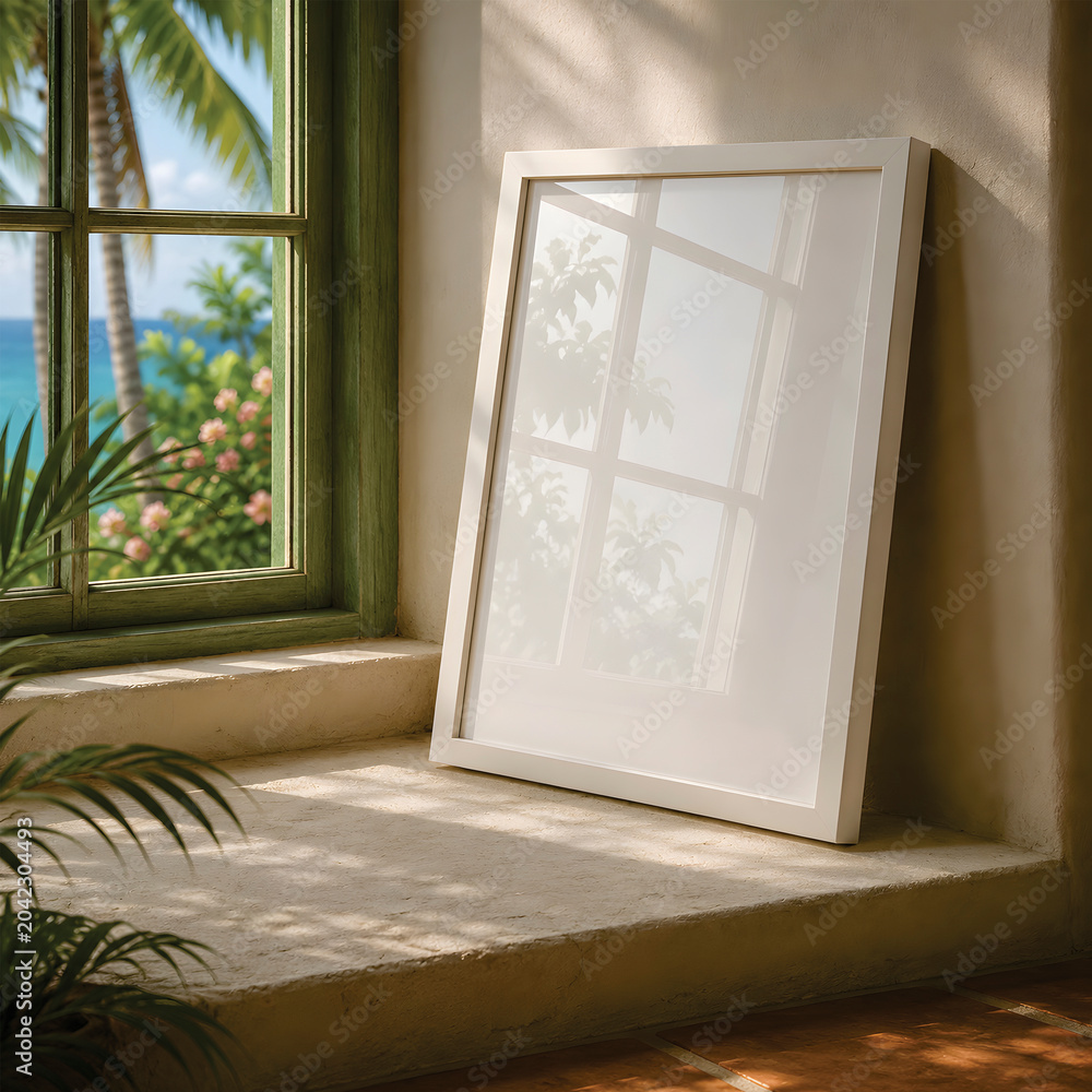 Fototapeta premium Caribbean Colonial Frame Mockup with Tropical Light and Coastal Interior Styling