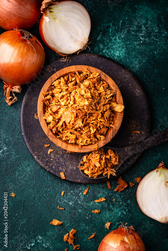 Bowl with chopped fried crispy onions