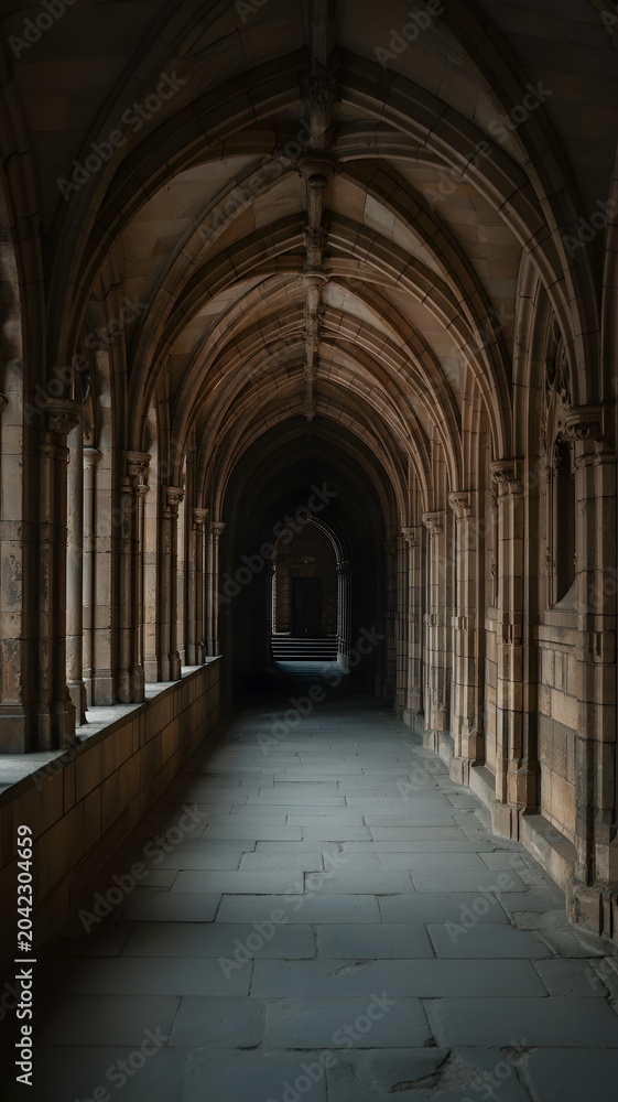Obraz premium Gothic arched stone corridor in atmospheric historic cathedral interior