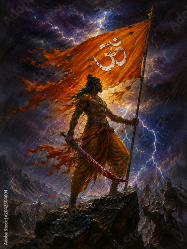 Epic Hindu Warrior Holding Sacred Om Flag 
in Powerful Lightning Storm, Sanatan Dharm 
Cinematic Dark Fantasy Spiritual Art