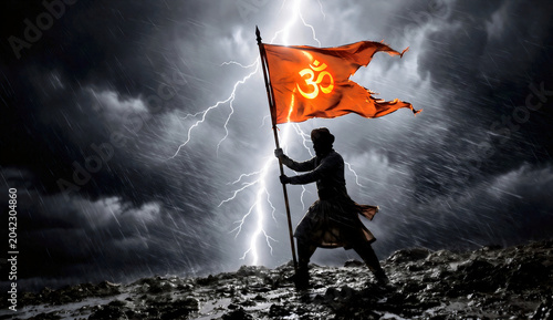 Hindu Warrior Standing with Sacred Om Flag 
in Portrait Lightning Storm, Sanatan Dharm 
Vertical Dark Cinematic Spiritual Art